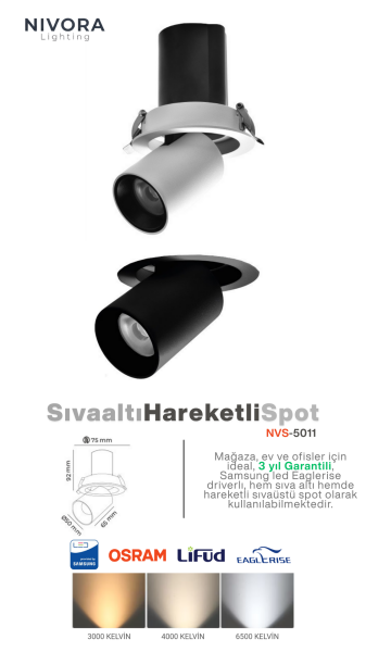12W Hareketli Spot Armatür – NIVORA | Sıva Altı Ayarlanabilir LED Spot