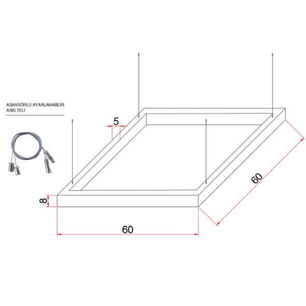 60X60 cm Osram LED Kare Lineer Aydınlatma-Sıva Üstü/Sarkıt Montaj- 5x8 cm Kasa
