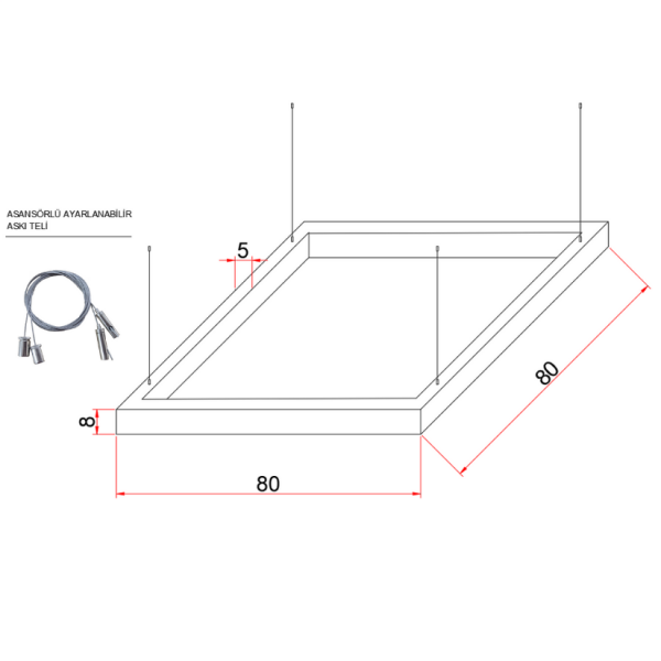 80X80 cm Osram LED Kare Lineer Aydınlatma-Sıva Üstü/Sarkıt Montaj- 5x8 cm Kasa